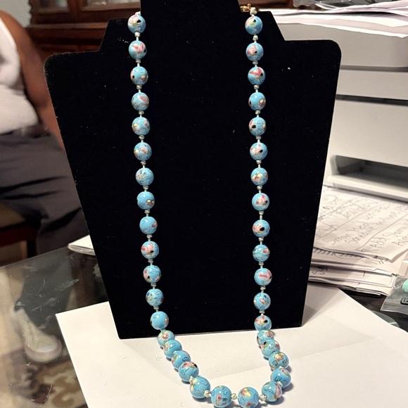 Elegant Blue Beaded  Cloisonné Necklace 29 inches - Picture 2 of 7